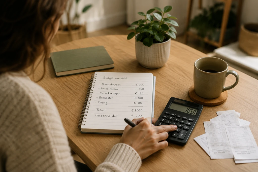 Persoon die budget berekent met rekenmachine en notitieboek tijdens geld besparen in 2026