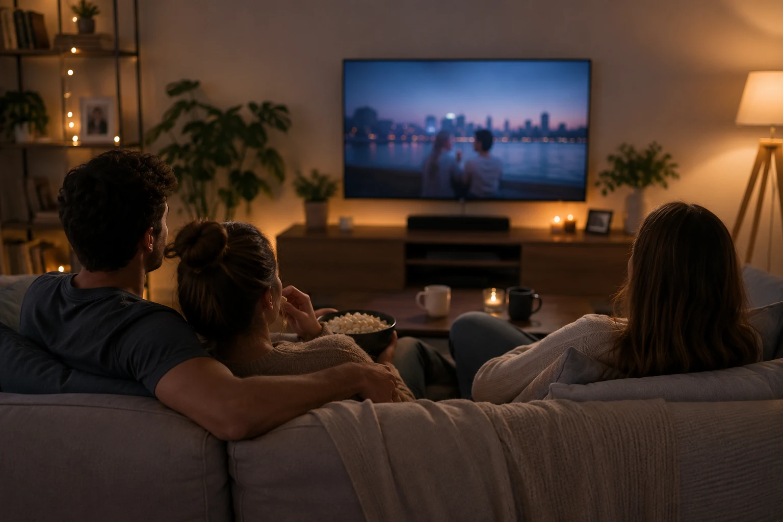 Mensen kijken samen een film in een gezellige woonkamer als illustratie bij abonnementen delen en besparen op streamingdiensten.