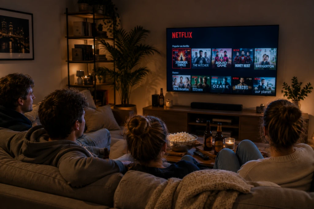 Studenten kijken samen naar een streamingdienst als voorbeeld van abonnementen delen.